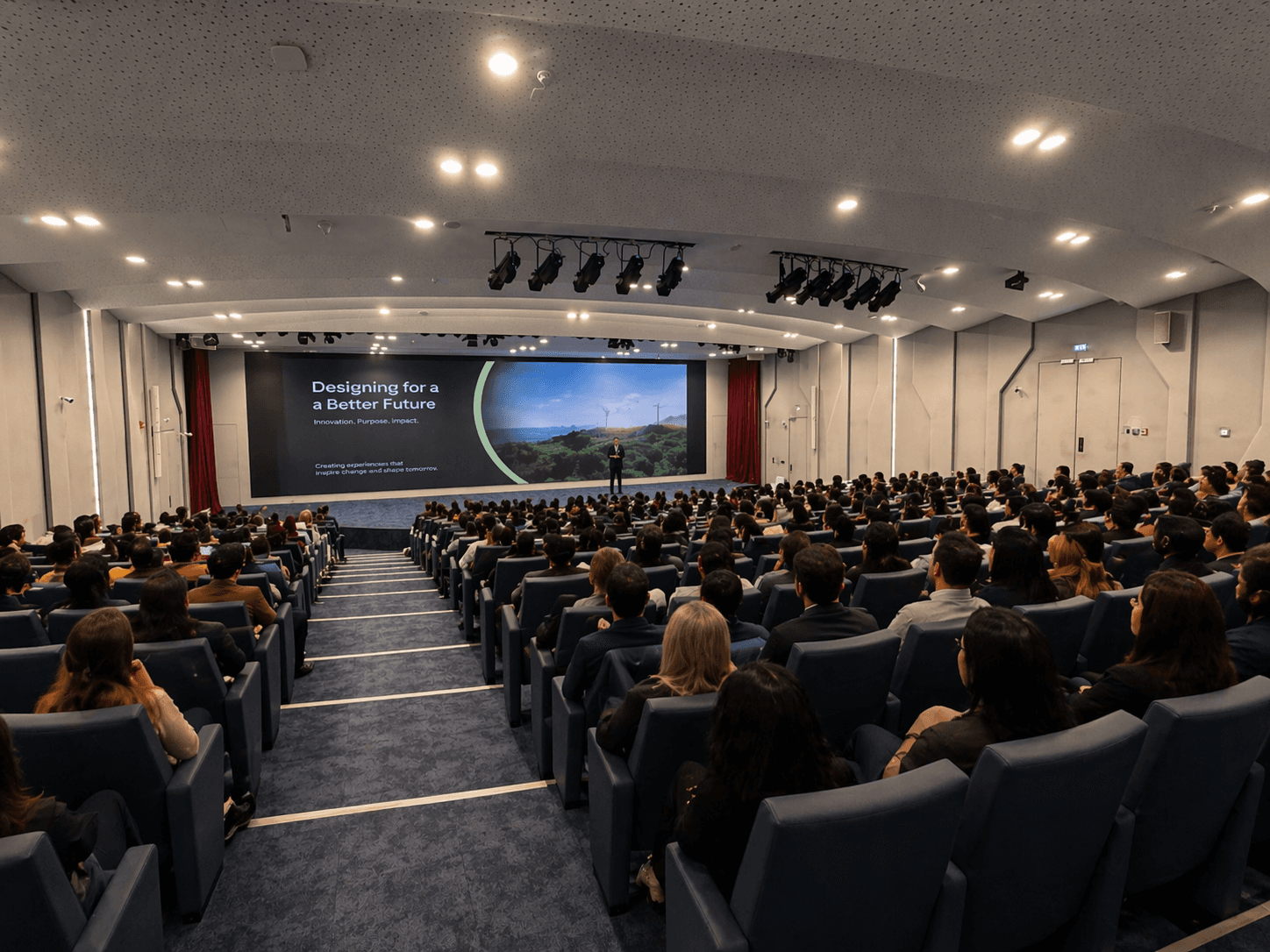 SEE Venues Auditorium — tiered seating for up to 450 guests, broadcast-grade AV