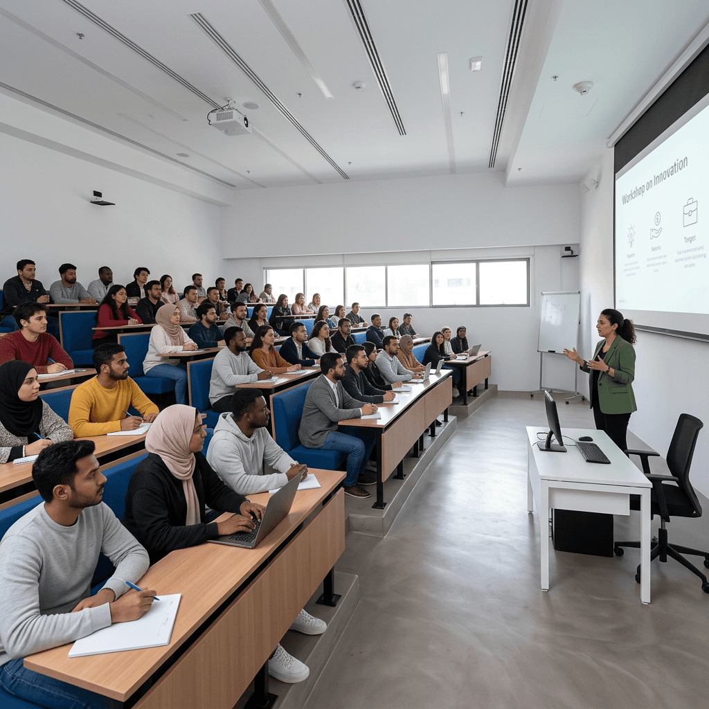 SEE Venues Classroom — modular studio for 24–60 guests with interactive displays